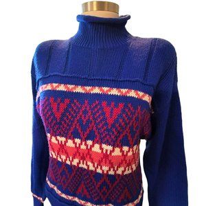 Ossi Skiwear Sweater Woman's 1980s Blue Pink Turtleneck Size Lg Vintage JJ1532